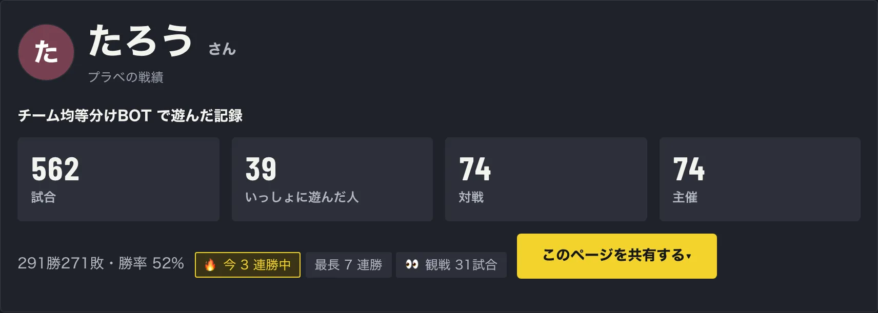 マイページの名前の帯。562試合・いっしょに遊んだ人39・対戦74・主催74、291勝271敗・勝率52%、今3連勝中、このページを共有するのボタン